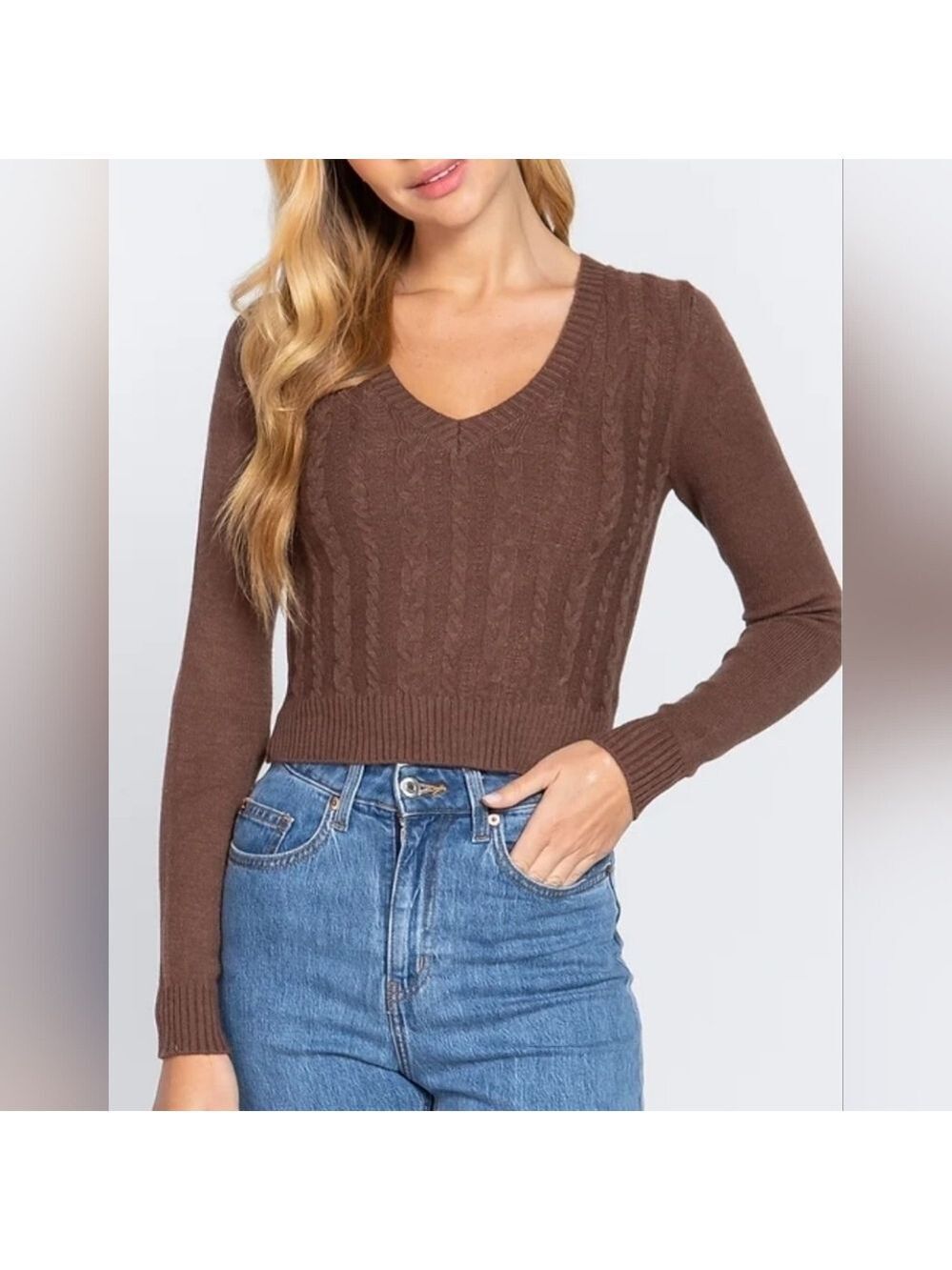 Active USA Fitted Long Sleeve Brown V-neck Cable Sweater Medium - New With Tags